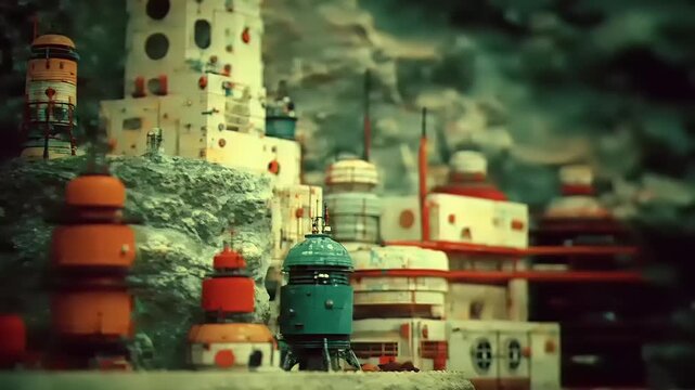 A stylized interpretation presents a futuristic settlement, featuring vibrantly colored, modular structures against a rugged landscape