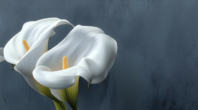 A close-up showcases a trio of white calla lilies. The flowers, with yellow spadices, against a textured, dark gray background. The petals display intricate details