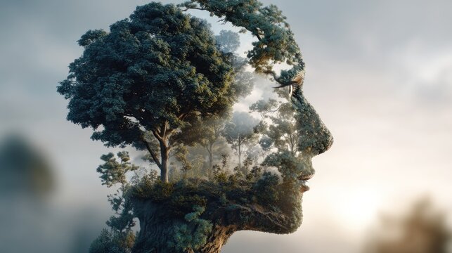 Human head silhouette with natural elements