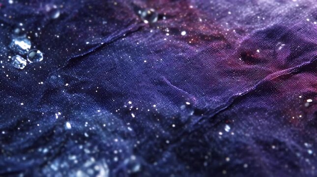 A close-up showcases textured fabric with water droplets, creating a captivating display of light and shadow, evoking a dreamy atmosphere