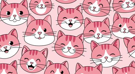 Charming Pink Cat Faces Seamless Pattern Vector Illustration, Adorable Kitty Expressions for Kawaii Designs
