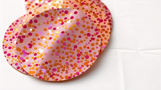 A close-up view presents a stack of circular, textured surfaces. Each layer is adorned with an abstract speckled pattern in shades of orange and pink