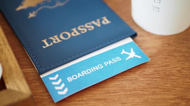 Close up of passport and boarding pass on wooden table next to coffee cup in airport cafe