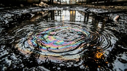 Fototapeta premium Close-up iridescent oil slick puddle on wet urban street with colorful rainbow sheen for background and texture design