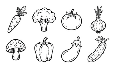 Assortment of doodle style vegetables including carrot broccoli tomato onion mushroom bell pepper eggplant and cucumber