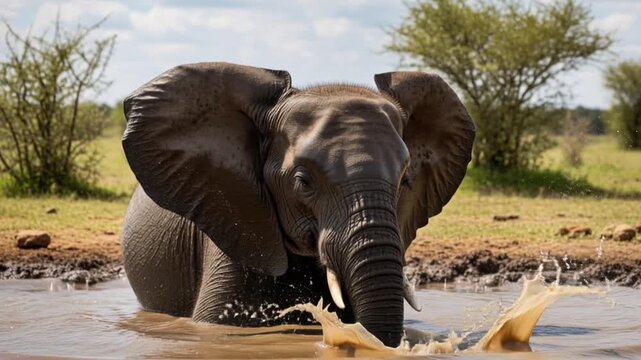 Elephant Bathing in Waterhole with Splashing.