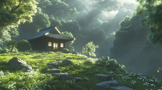 Serene traditional Asian house surrounded by lush green forest and wildflowers with sunlight filtering through misty trees creating peaceful and tranquil atmosphere
