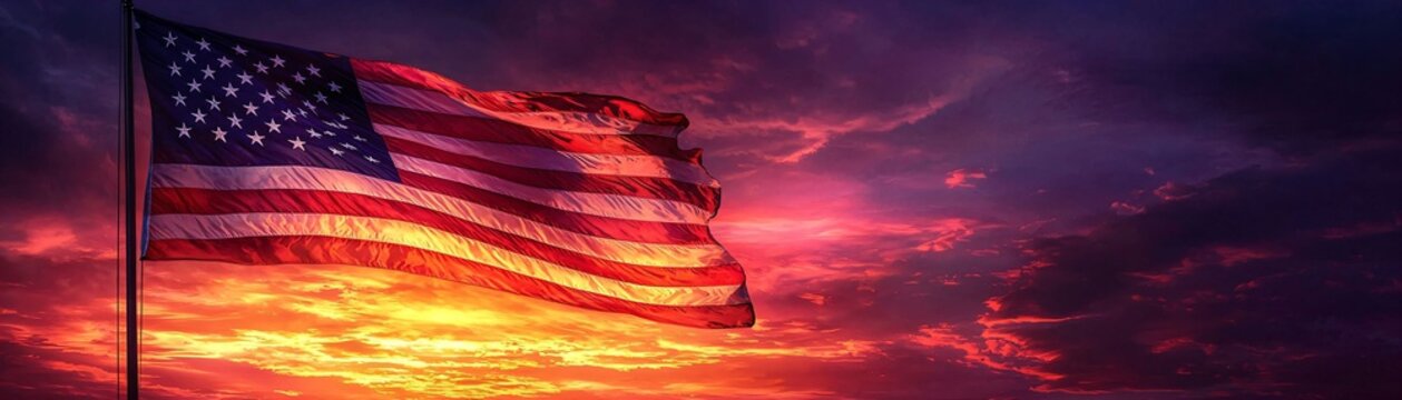 Majestic American Flag Against Vibrant Sunset Sky with Clouds