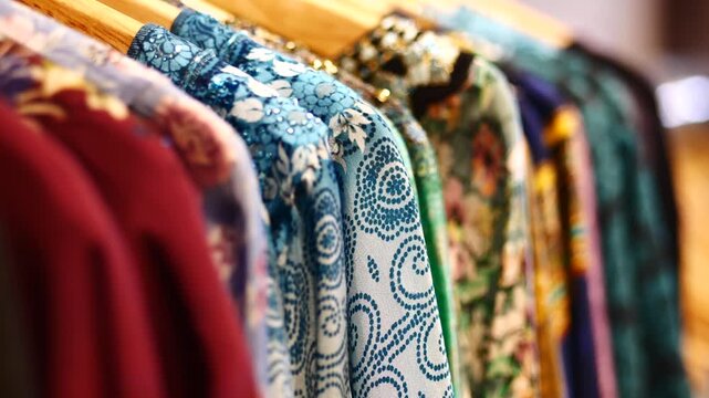 Colorful clothing hanging on rack in retail store, close-up view with dynamic motion, diverse patterns and textures, fashion industry concept