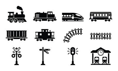 Naklejka premium Set of various black train icons and elements on transparent background