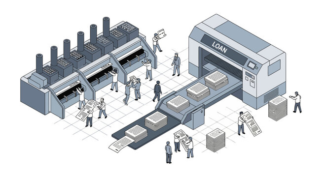 Industrial Printing Press Facility with Workers.