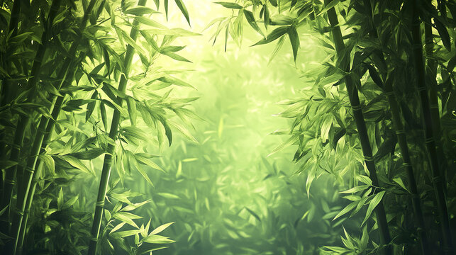 Serene bamboo forest with lush green leaves and tall stalks creating peaceful natural environment filled with soft light and gentle shadows, evoking calm and tranquility