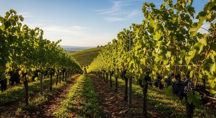 Lush Vineyard with Green Grapevines and Clear Sky Under Sunlight