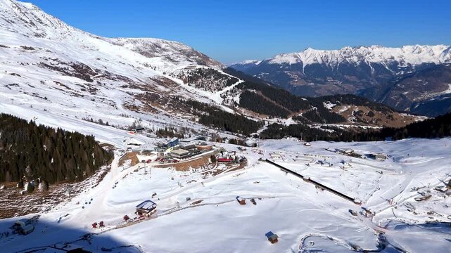 Valley and ski resort, breaktime in the middle of the mountains