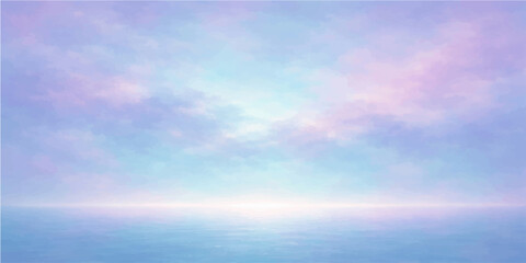 Obraz premium A serene blue sky with white clouds reflects on the calm summer sea surface where the horizon meets the ocean in a beautiful landscape of natural sunlight and clear air