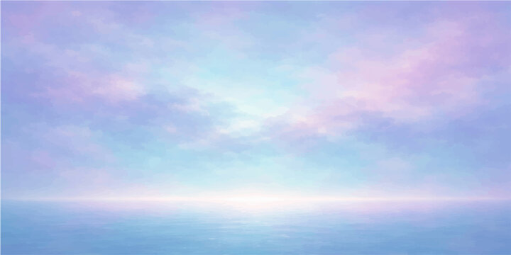 A serene blue sky with white clouds reflects on the calm summer sea surface where the horizon meets the ocean in a beautiful landscape of natural sunlight and clear air