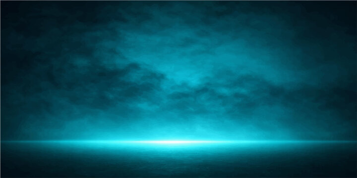 An abstract blue background blending a clear sky with dark storm clouds creates a dramatic nature backdrop featuring a celestial motion of light and shadow across the ocean