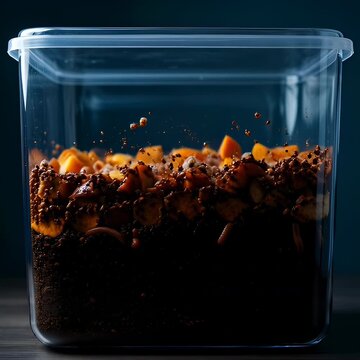 Timelapse of composting kitchen scraps bin closeup organic waste decomposing with worms into soil.