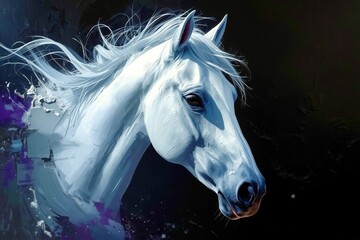 White horse head with flowing mane against dark background