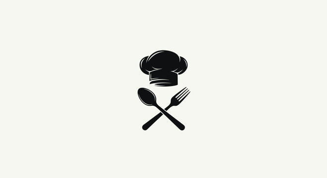 Professional culinary emblem featuring chef's toque with crossed spoon and fork silhouette for