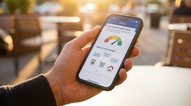 Close Up of Hand Holding Smartphone with Mobile Banking App and Transparent Credit Score Analysis