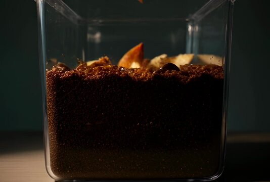 Time-lapse of composting kitchen scraps bin closeup organic waste decomposition with worms breaking down apple peels into nutrient-rich soil