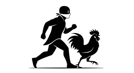 Fototapeta premium Thief in disguise running with a rooster, symbol of stealth and quick escape