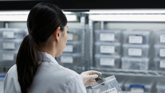 A researcher in a lab coat analyzes a sample in a clear bag while seated at a workbench. Organized storage containers are visible in the background, showcasing a professional laboratory environment