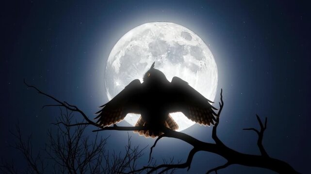 Owl perched on tree branch under full moon.