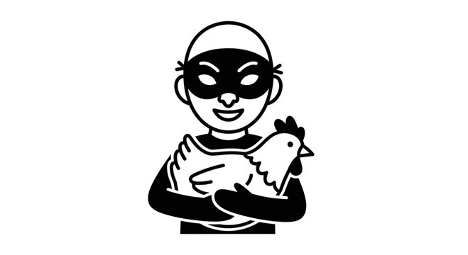 Thief wearing mask stealing a chicken, funny concept, isolated on white background