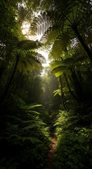 Naklejka premium Sunbeams filtering through a dense tropical rainforest canopy.