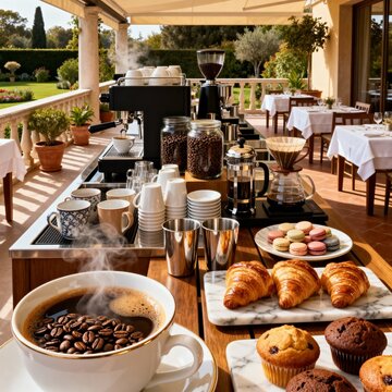 Lavish buffet spread on the terrace with endless options for cof