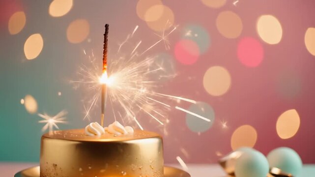 Luxury Golden Birthday Cake with Sparkling Firework and Bokeh Lights Background