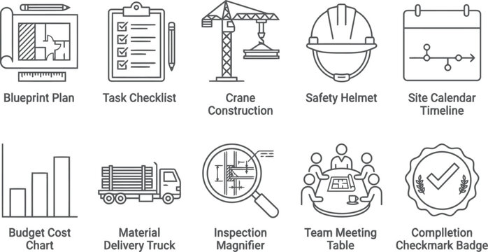 Construction Project Management Icons Set, Line Style, Business and Engineering Tools
