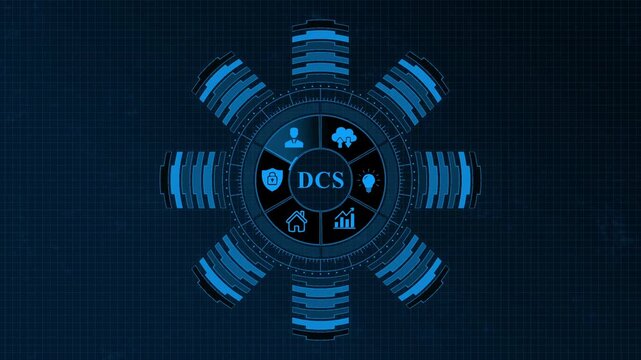 D C S Distributed Control System Industrial Automation Technology Concept with Blue on Dark Background