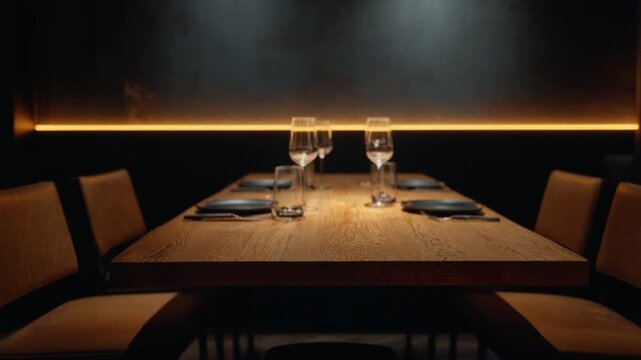 Elegant restaurant table setting with empty glasses and dark wall