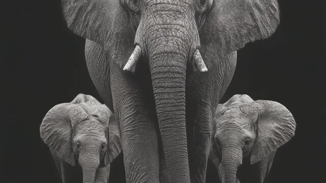 Elephant family portrait mother and calves in black and white