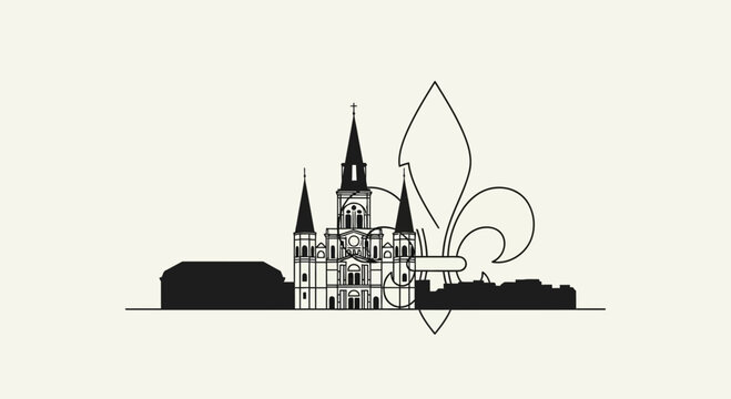 New Orleans Skyline Silhouette with Fleur de Lis and St. Louis Cathedral