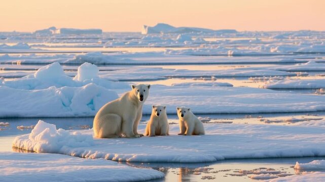 Polar bears on ice floes in Arctic.