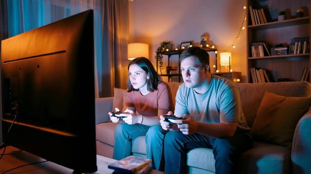 Two people sit on a couch in a living room playing video games. The environment includes a large TV and warm lighting, creating an inviting atmosphere for gaming