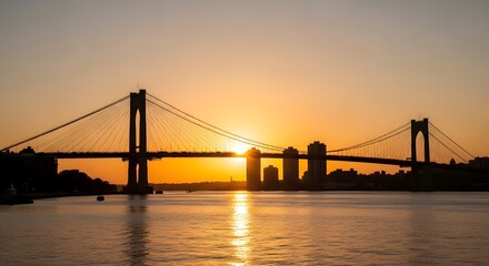 Obraz premium Sunset over a bridge and cityscape with water reflection