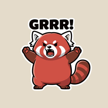 Angry Red Panda Cartoon Character Sticker with Grrr Text and Aggressive Expression Vector Illustration for Kids Apparel and Sticker Design