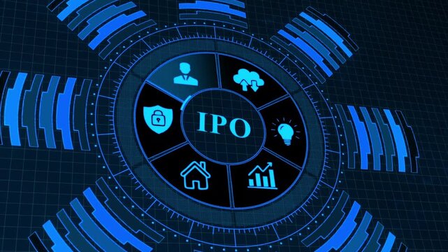 Initial Public Offering I P O Concept with Business on Dark Blue Background with Grid Pattern stock market