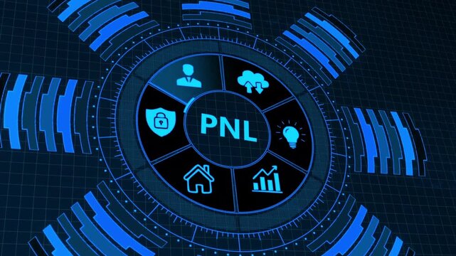 P N L Profit and Loss Financial Dashboard with Security Cloud House Graph Lightbulb Blue Grid Background