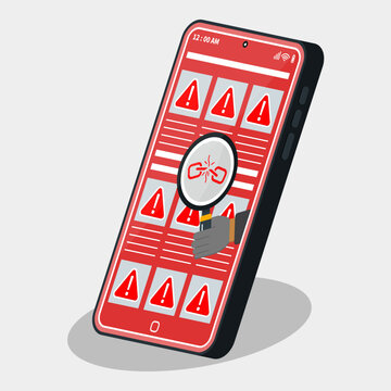 Smartphone showing multiple warning alerts and broken link detection with hacker hand holdinh magnifying glass. Concept link spam, phishing attack, and hacker attack.