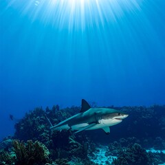 A shark swims above a coral reef with sunlight shining through water