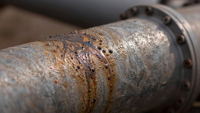 Close-up corroded industrial pipe appears made metallic weathered material rough uneven texture worn aged appe