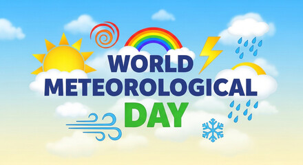 Fototapeta premium Vibrant World Meteorological Day graphic with sunny weather symbols
