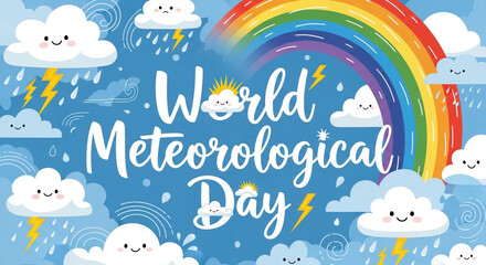 Fototapeta premium Vibrant World Meteorological Day celebration with smiling clouds and rainbow