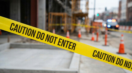 Obraz premium Caution Tape Sign at Construction Site with Orange Traffic Cones and Safety Barriers